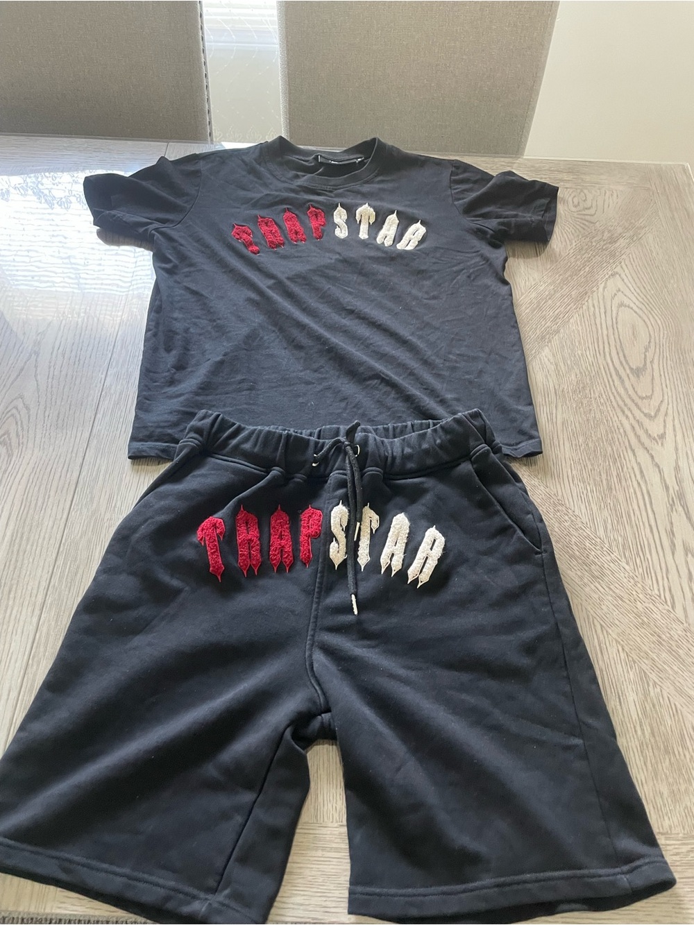 Black Tee & Shorts Set with Red and White 'Trapstar' Embroidery